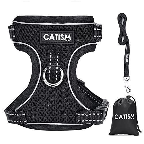 Harnais Chat Reglable, CATISM Harnais pour Chat de Laisse Anti évasion Harnais Léger pour Chaton, Colliers Harnais et Laisses pour Chat Chiots Respirante Facile à Contrôler avec Bandes - S