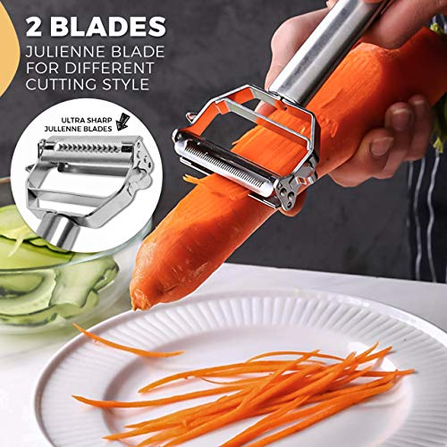 Stainless Steel Potato Ricer with Multi-Function Vegetable Peeler, Potato Stainless Steel Grinder for Mashed Potatoes, Fruits and More- 3 Interchangeable Discs, 2 Pack (Potato Ricer + Potato Peeler)