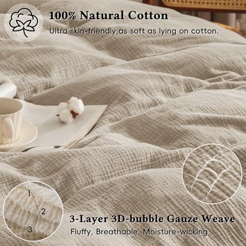 David's Home 100% Cotton Muslin Duvet Cover Set King Size,3 Pcs Soft Breathable & Lightweight Gauze Bedding Set with 2 Pillowcases,Textured Home Decor with Button, 104"×90" Natural/Oat Milk,No Insert