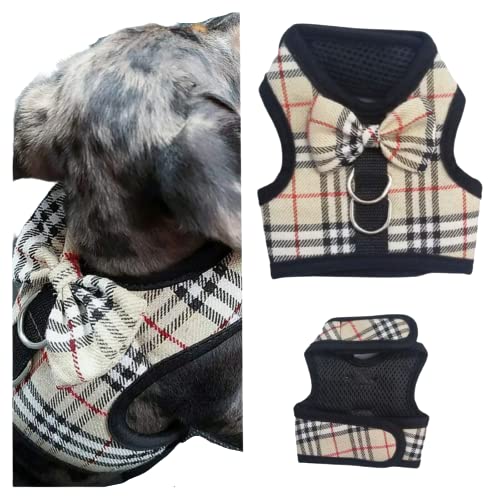 XXXS XXS XS Tiny Teacup Chihuahua Puppy Dog Harness for TINY Teacup Miniature Breeds Kitten Yorkie Maltese Terrior Puppy Dogs (Beige Tartan, Size 3: XS/Small)