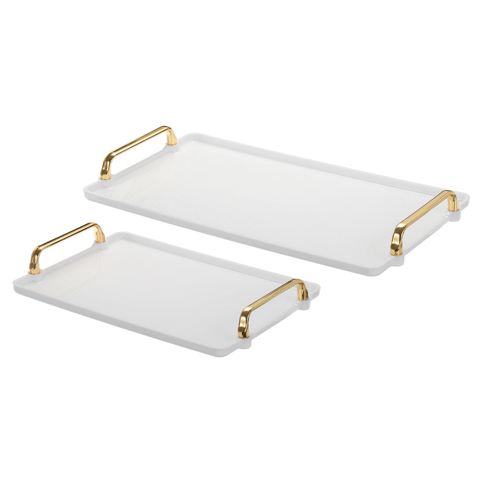 PATIKIL Plastic Serving Tray with Golden Handle, 2 Pcs 16.1" x 8.7"/12.2" x 7.9" Modern Rectangular Decorative Tray Reusable Jewelry Platter for Countertop Bathroom Kitchen, White