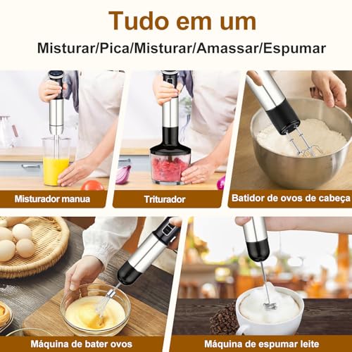 TURU HOME 6 em 1 mixer de mão, 1000W, 8 velocidades, Exibição digital LCD, Vem com um copo de 860 ml, Livre BPA,Triturador de 600 ml, Adequado para sopas, smoothies e purés(220V)