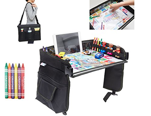 Kids Travel Tray Bag with Erasable Surface & Tablet Holder / Children Play Tray / Stroller Tray Organizer - Waterproof, Sturdy surface & Mesh Pockets + GIFT 6 Crayons & Drawing Activities - Thumbnail 5