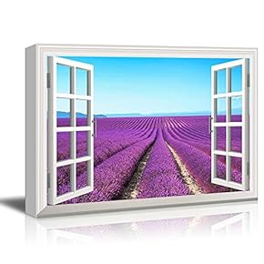 Canvas Wall Art - Window Peering into Rows of Purple Flowers - Giclee Print Gallery Wrap Modern Home Art Ready to Hang - 12x18 inches