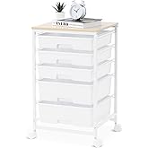 SYKIARIOL Utility Cart with 5 Drawers,Storage Drawer Cart with Wooden Tabletop and Lockable Wheels,Craft Storage Trolley Cart,5-Tier Rolling Utility Cart on Wheels,Bright White
