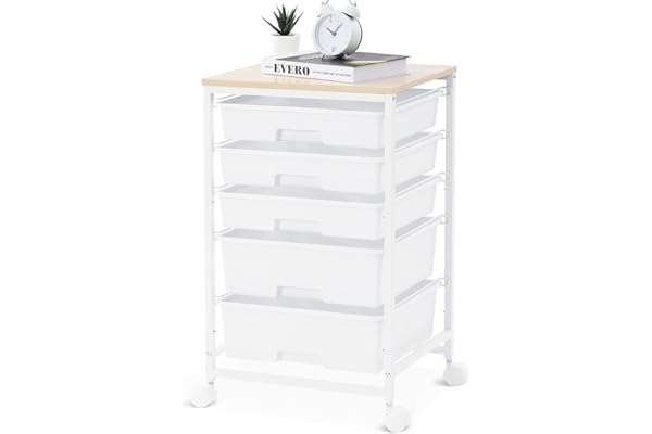 SYKIARIOL Utility Cart with 5 Drawer,Storage Drawer Cart with Wooden Tabletop and Lockable Wheels, 5 Drawer Rolling Cart with