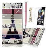 P6 Case Huawei Ascend P6 Case MOLLYCOOCLE Fashion Style Transparent Painted PC Phone Back Cover with Stripe Eiffel Tower Pattern for Huawei P6+1x Stylus Pen+1x Dust Plug+1x Screen Protector