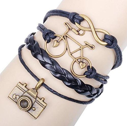 Adorable Woman Camera Bicycle Infinity Bracelet Gold Color Black Wax Cords Leather Braid Bracelet