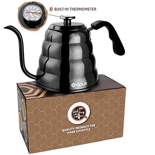 OPUX Premium Gooseneck Coffee Kettle With Thermometer For Pour Over | 40 fl oz | Stainless Steel Drip Kettle with Ergonomic Handle for Home Brewing, Tea (Glossy Black, Solid Top)