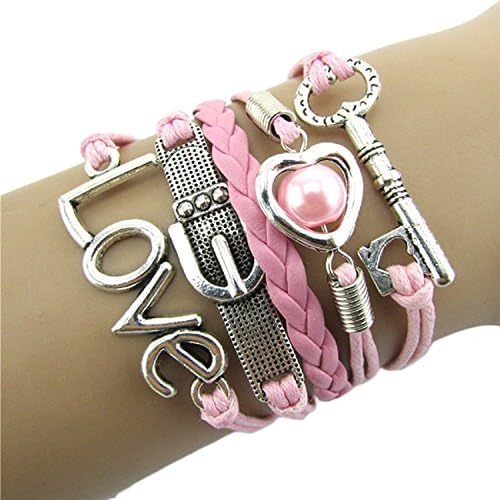Yunchuang New Useful Cute Nice Fashion Infinity Heart Pearl Love Key Leather Alloy Charm Bracelet Pink