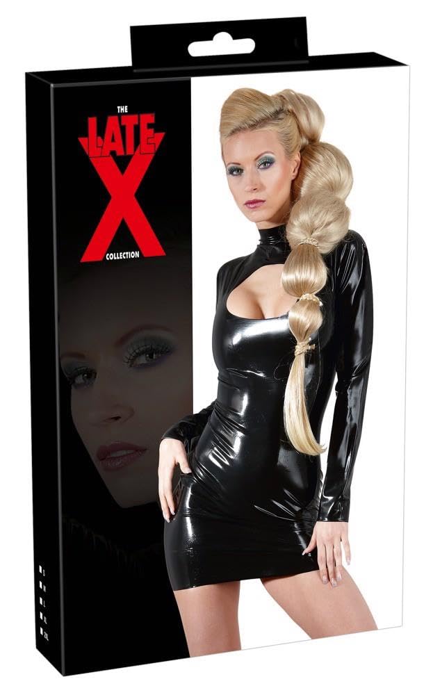 Sexy Black Latex Mini Dress with High Collar and Long Sleeves L