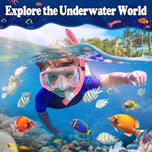 UPhitnis Children's Snorkel Set - Diving Goggles Anti-Fog and Dry Snorkel - Anti-Leak Diving Mask Dry Snorkel - Snorkelling Set for Boys Girls - Pink, Blue, Black, Yellow