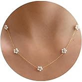 Dainty Gold Pearl Necklaces for Women,Smilebelle Daisy Pearl Necklace Single Simple White Pearls Choker Necklaces Handmade Pearl Jewelry Bridesmaid Gifts
