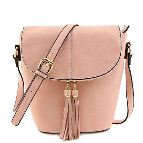 Flap top bucket crossbody bag with tassel accent blush