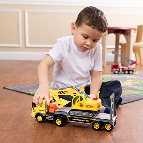 Toy To Enjoy Flatbed Truck Trailer with Excavator Tractor - Friction Powered Wheels, Four Light & Sound Effects - Heavy Duty Plastic Construction Vehicle Toy for Kids & Children