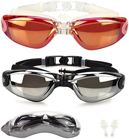 Arenaron 2 Pack Mirrored Swim Goggles W/ Ear Plugs & Case, Swimming Goggles, Anti-fog UV Protection Mirrored Waterproof Comfort Swim Glasses for Adult Men Women Youth Kids Teens (2PCS-Black/Red308)