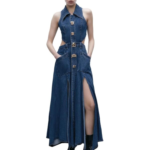 URBAN REVIVO Women's Casual Denim Dresses 2024 Fashion Lapel Sleeveless  Cut-Out Sides Slit with Big Pockets Blue, 3X-Large at Amazon Women's  Clothing store