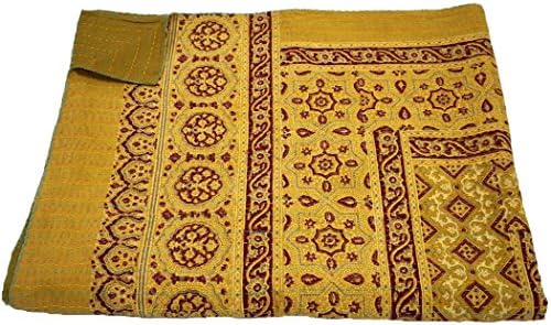 New Hand Block Print Ajrakh Kantha Quilt, Hand Stitch Designer Ajrakh Bedding Bed-cover