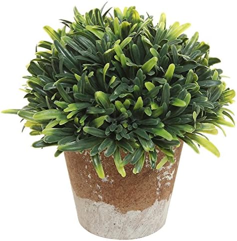REKA Decorative Green Plastic Artificial Plant w/ Rustic Style Brown Ceramic Planter Pot Container Green