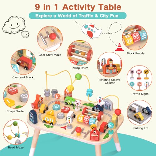 Weilim Baby Activity Table, Wooden Sensory Table with Bead Maze Sort Shapes and Train Circuit, Montessori Farm Toy, Educational Toy for Kids (Car)