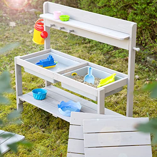 roba Children's Kitchen Sand and Water Fun – Multifunctional – Outdoor Table for Outdoor Activities with 2 Tubs – Lid in Solid Wood Lacquered Grey