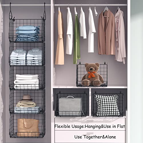 4-Tier Hanging Closet Shelves - Wall Mount Or Rod Mount Wire Baskets With Hooks, White