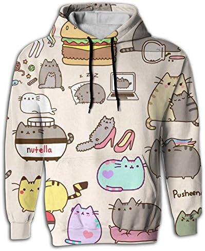 CHONGHWA TSINHWA Men's Full All Over Pusheen Wallpaper Drawstring Sweatshirt With Pockets X-Large