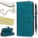 S4 Case,Samsung Galaxy S4 Case - Mavis's Diary Premium Wallet PU Leather Fashion Embossed Floral Butterfly Design Magnetic Flip Cover with Hand Strap Card Holders - Blue Case & Dust Plug & Pen