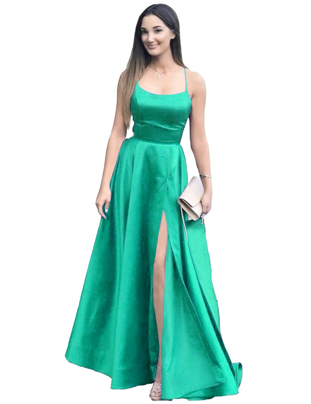 Sexy-Side-Split-Formal-Evening-Gowns-Spaghetti-Straps-Prom-Dresses-Long-with-Pockets-US4-Green