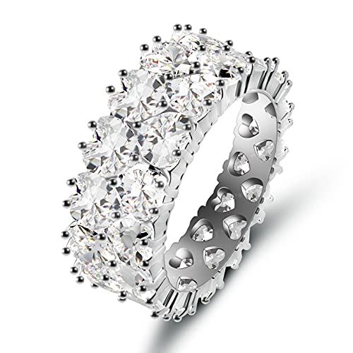 UHIBROS 2Rows Heart Cut Eternity Ring 14K Silver Plated Cubic Zirconia Wide Wedding Band Fashion Rings for Women Men