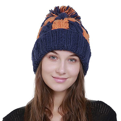 TWGONE Pom Pom Cap for Girls Knit Lattice Beanie Color Block Winter Hat (One Size,Dark Blue)
