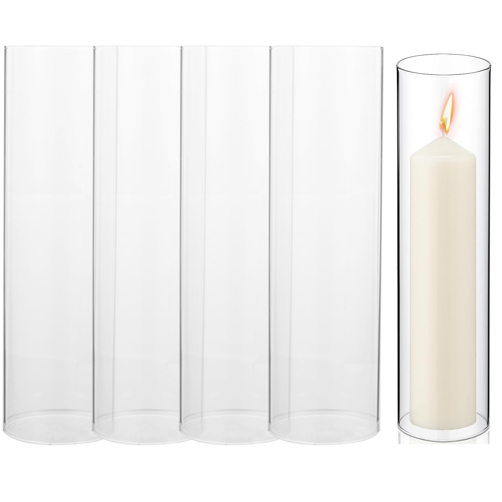 Beavorty Glass Candle Tubes Hurricane Candle Holder Sleeve, 4Pcs Clear Glass Cylindrical Candle Shade Windproof Candle Chimney Sleeves, Open Ended Candle Shade Cylinder Candle Holders
