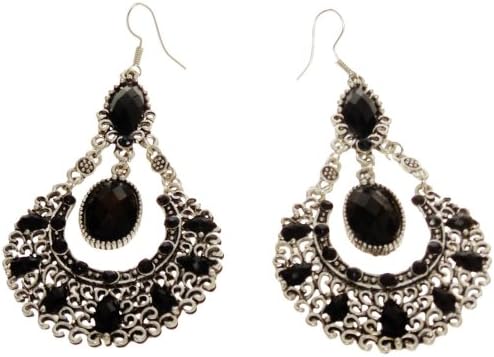 Earrings - Silver Tone and Black Acrylic Large Chandelier Earrings - Kiki's Midnight Flamenco Flair