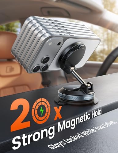 Lamicall 15W for MagSafe Car Mount Charger - Dual USB-C Ports,Magnetic Wireless Car Charger,Suction Cup Phone Mount, Vacuum Magnetic Phone Holder for Truck Jeep for iPhone 17 Pro Max 16 15 14 Black