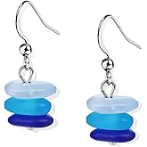 Teppdfann Sea Glass Drop Dangle Earrings for Women – Handcrafted Beach Earrings with Gradient Blue Beads, Silver Sea Glass Jewelry for Summer Vacation