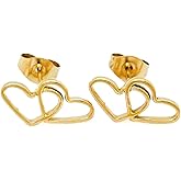 Generic Heart Stud Earrings, 18K Gold Plated Stainless Steel, 15mm, Hypoallergenic Push Back Closure for Women, Valentine's Day Collection