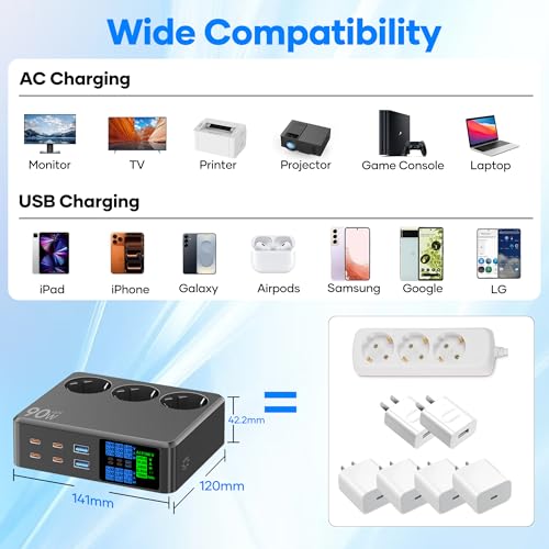 CKCN Power Strip with USB C 6-Port (90 W), Socket Cube 2500 W with LED Display, Multiple Socket with USB Charging Station, Multiple PD Surge Protection Sockets, Extension Cable, 1.2 m, Black