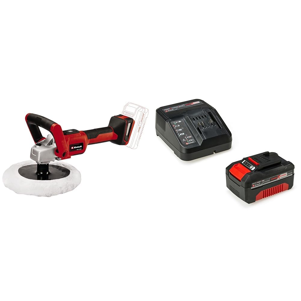 Einhell Power X-Change Cordless Car Polisher And Buffer With Battery And Charger, 18 V, 3-In-1 Machine Polisher Buffer and Sander for Garage and Home Use - CE-CP 18/180 Li E Polishing Machine Kit