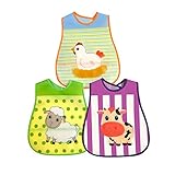 Waterproof Animal Baby Bibs Large Size - 3 Pack - Reversible Pocket - Velcro Closure - PEVA
