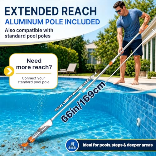 Cordless Pool Spa Vacuum Cleaner Rechargeable Handheld Pool Vacuum | with 60-Min Runtime Dual Filtration 3 Cleaning Heads Telescopic Pole for Sand Leaves Hot Tubs Above Ground & Small Pools