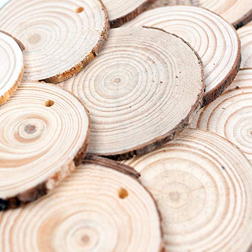 LovesTown Natural Wood Slices Set,50pcs 2.4-2.8 inches Wooden Ornaments Unfinished Wood Disc with Hole Wood Circles for DIY Crafts Wedding Decorations Christmas Ornaments