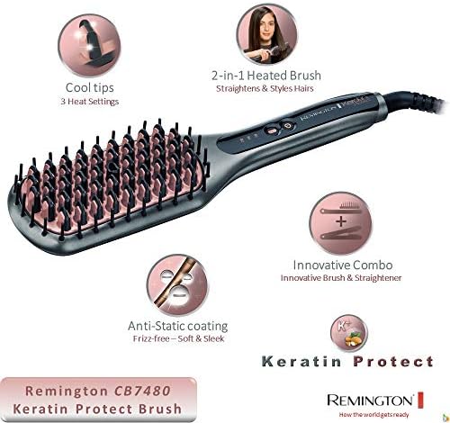 Cepillo Alisador Keratin Protect Straight, Queratina y Aceite Almendras, Generador Iónico para Cabello Sin Encrespamiento, Cerámica, 3 Temperaturas hasta 230°C, Calentamiento 30s, CB7480
