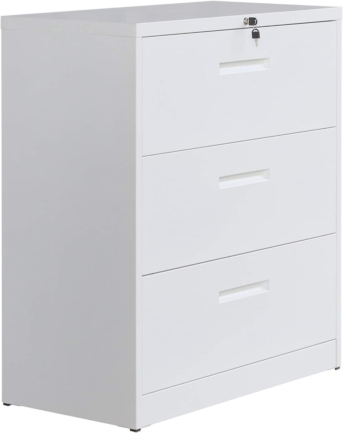 File Cabinet with Lock Lateral File Cabinet Metal Heavy Duty 3 Drawer Office Cabinet (White)