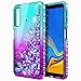 Galaxy A7 2018 Case with Tempered Glass Screen Protector, NageBee Glitter Liquid Sparkle Floating Waterfall Diamond Durable Girls Women Cute Case for Samsung Galaxy A7 2018 (A750) -Aqua/Purple