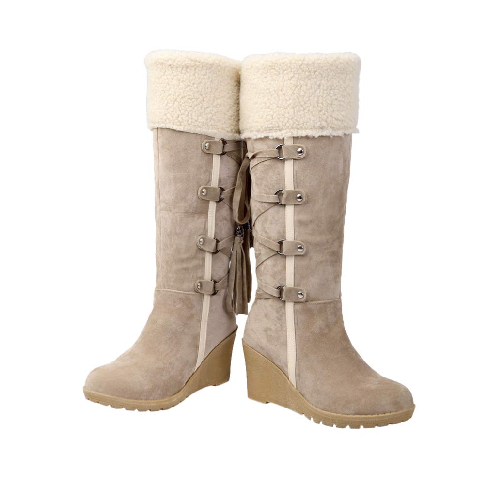Happyyami Women Knee High Winter Wedge Tassel Lined Suede Wide Calf Boots, Beige, 4 UK