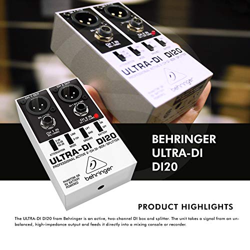 Behringer Ultra-DI DI20 Professional Active 2-Channel DI-Box/Splitter with Assorted Cables Bundle