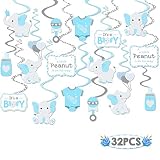 Faisichocalato 32CT Blue Elephant Little Peanut Hanging Swirls Decorations Boy Baby Shower It's A Boy Theme Party Ceiling Door Whirls Streamers for Blue Elephant Theme Party Birthday Party Supplies