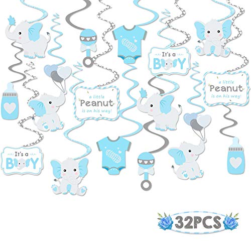 Faisichocalato 32CT Blue Elephant Little Peanut Hanging Swirls Decorations Boy Baby Shower It's A Boy Theme Party Ceiling Door Whirls Streamers for Blue Elephant Theme Party Birthday Party Supplies