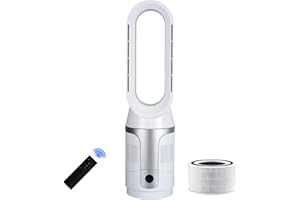 Voagupa Bladeless Tower Fan and Air Purifier, True H13 HEPA Filter, 90° Oscillating Bladeless Fan with Remote and Touch control, 9H Timer, Floor Fans for Bedroom Home Office Use, Silver White