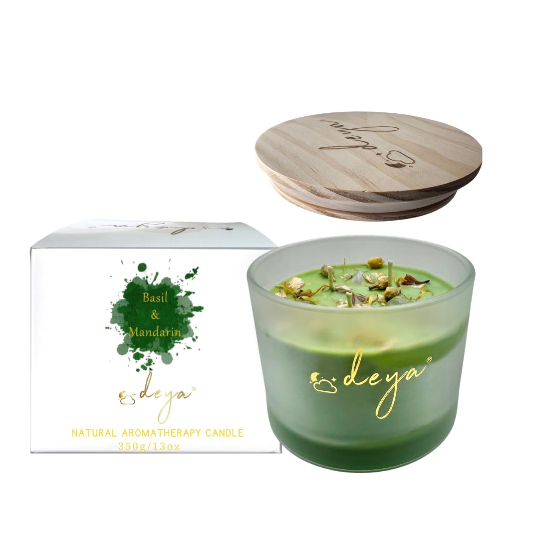 Deya Natural Soy Wax Candles | Healing Crystals&Dried Flowers | 3 Wick Candle | Up to 45 Hours Burning Time | Frosted Glass Jar | Vegan | Aromatherapy | Best Gift for Men and Women